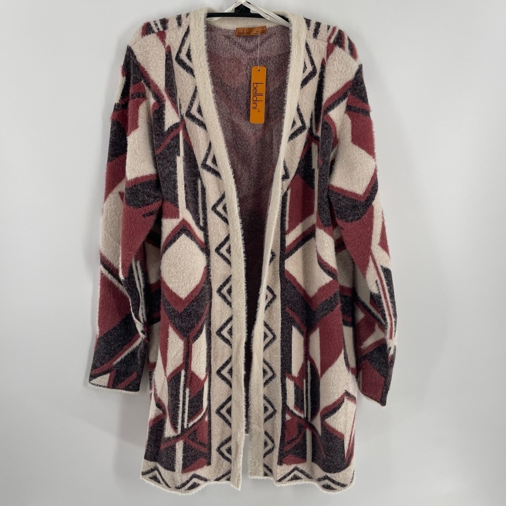 NWT Belldini Substantial Fuzzy Open Front Long Sleeve Patterned Cardigan Sweater